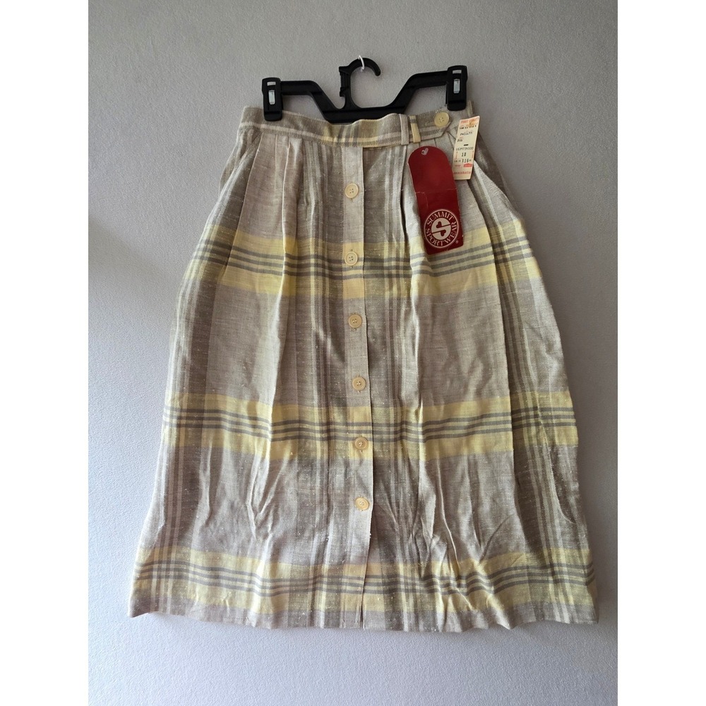 Summit Sportswear Vintage Plaid Linen Blend Midi Skirt YellowGrey Button Front10